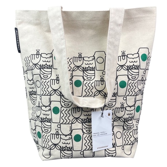 Starbucks Handbags - Starbucks Travel Tote Bag Cotton Canvas Coffee Cup Doodle Print Cream Green 2017